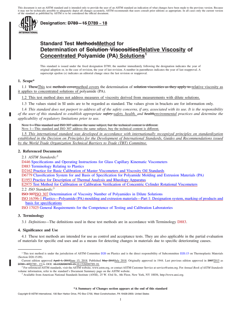 REDLINE ASTM D789-18 - Standard Test Method for Determination of Relative Viscosity of Concentrated Polyamide  (PA) Solutions