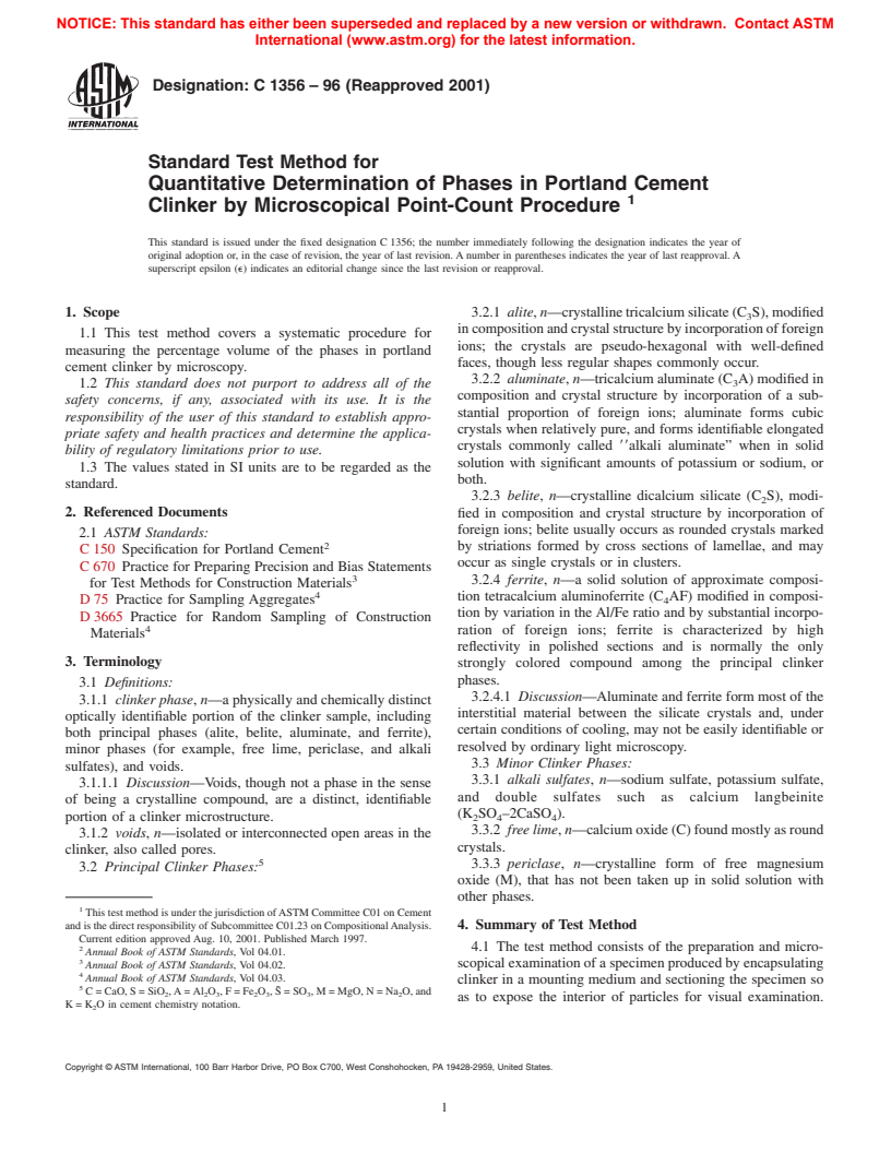 ASTM C1356-96(2001) - Standard Test Method for Quantitative Determination of Phases in Portland Cement Clinker by Microscopical Point-Count Procedure