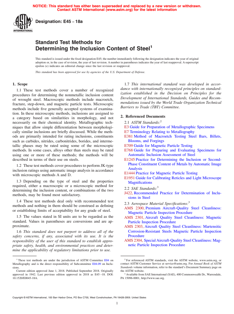 ASTM E45-18a - Standard Test Methods for  Determining the Inclusion Content of Steel