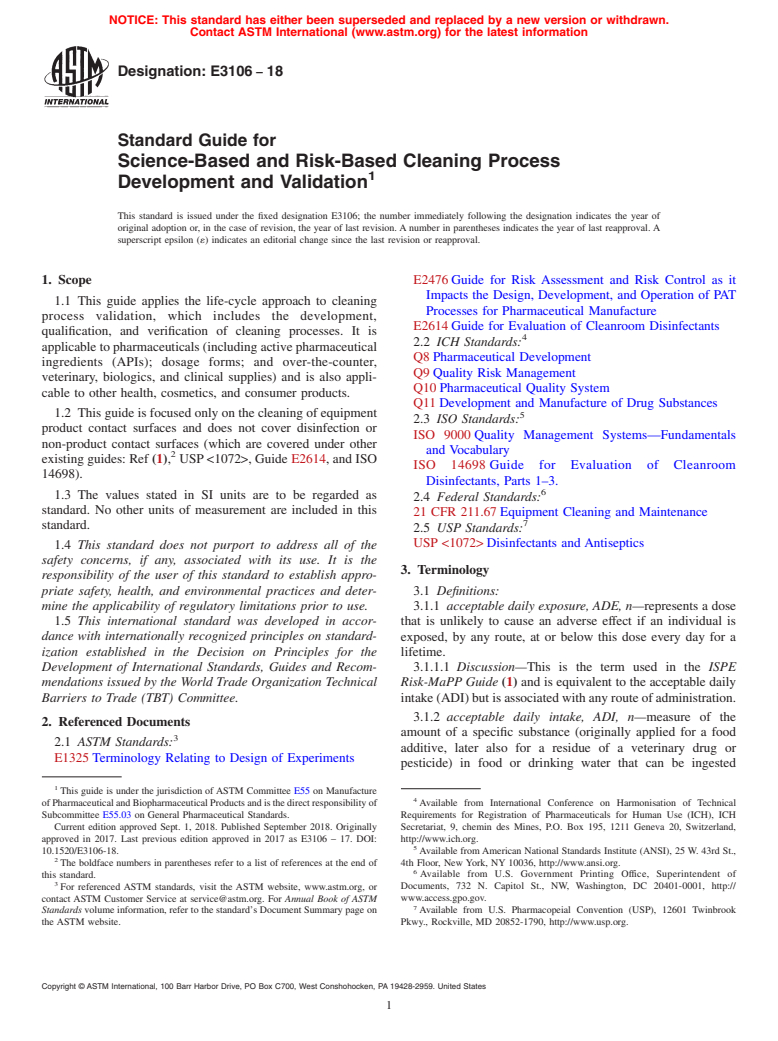 ASTM E3106-18 - Standard Guide for Science-Based and Risk-Based Cleaning Process Development and  Validation