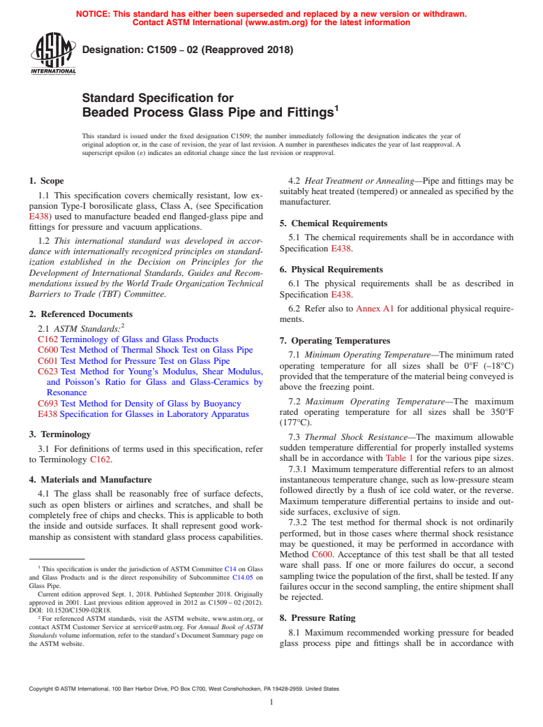 ASTM C1509-02(2018) - Standard Specification for  Beaded Process Glass Pipe and Fittings (Withdrawn 2019)