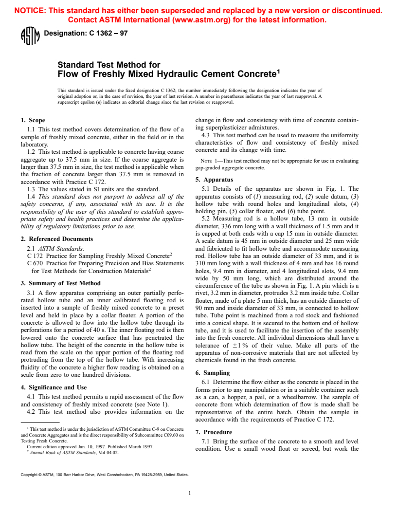 ASTM C1362-97 - Standard Test Method for Flow of Freshly Mixed Hydraulic Cement Concrete