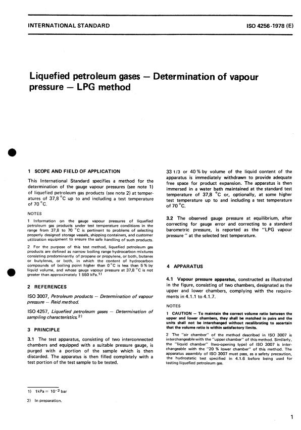 ISO 4256:1978 - Liquefied petroleum gases -- Determination of vapour pressure -- LPG method