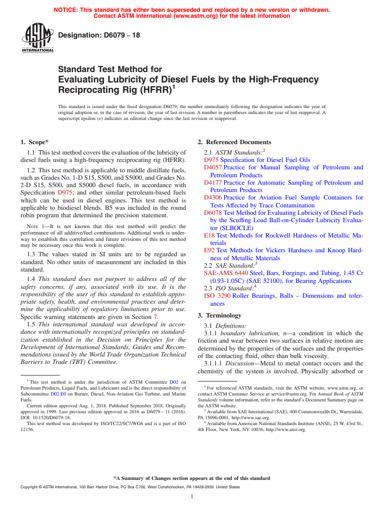 ASTM D6079-18 - Standard Test Method for  Evaluating Lubricity of Diesel Fuels by the High-Frequency   Reciprocating Rig (HFRR)