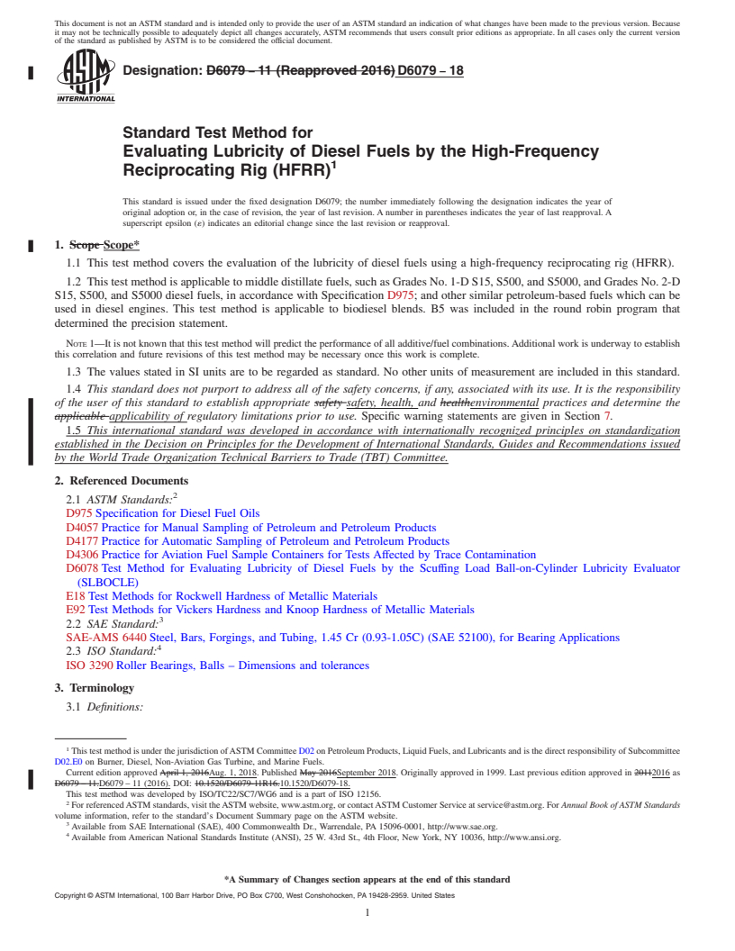 REDLINE ASTM D6079-18 - Standard Test Method for  Evaluating Lubricity of Diesel Fuels by the High-Frequency   Reciprocating Rig (HFRR)