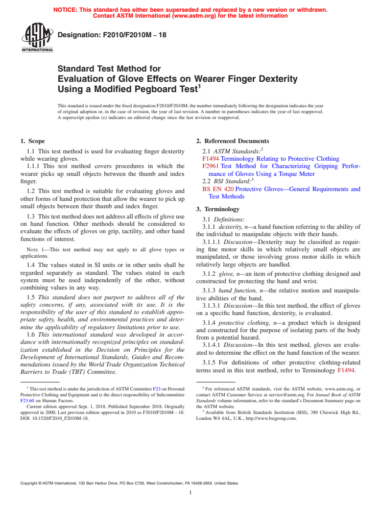 ASTM F2010/F2010M-18 - Standard Test Method for Evaluation of Glove Effects on Wearer Finger Dexterity Using  a Modified Pegboard Test