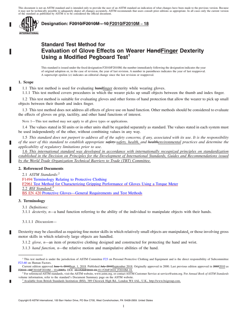 REDLINE ASTM F2010/F2010M-18 - Standard Test Method for Evaluation of Glove Effects on Wearer Finger Dexterity Using  a Modified Pegboard Test