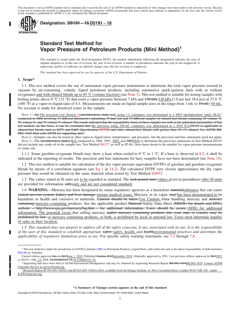 REDLINE ASTM D5191-18 - Standard Test Method for Vapor Pressure of Petroleum Products (Mini Method)