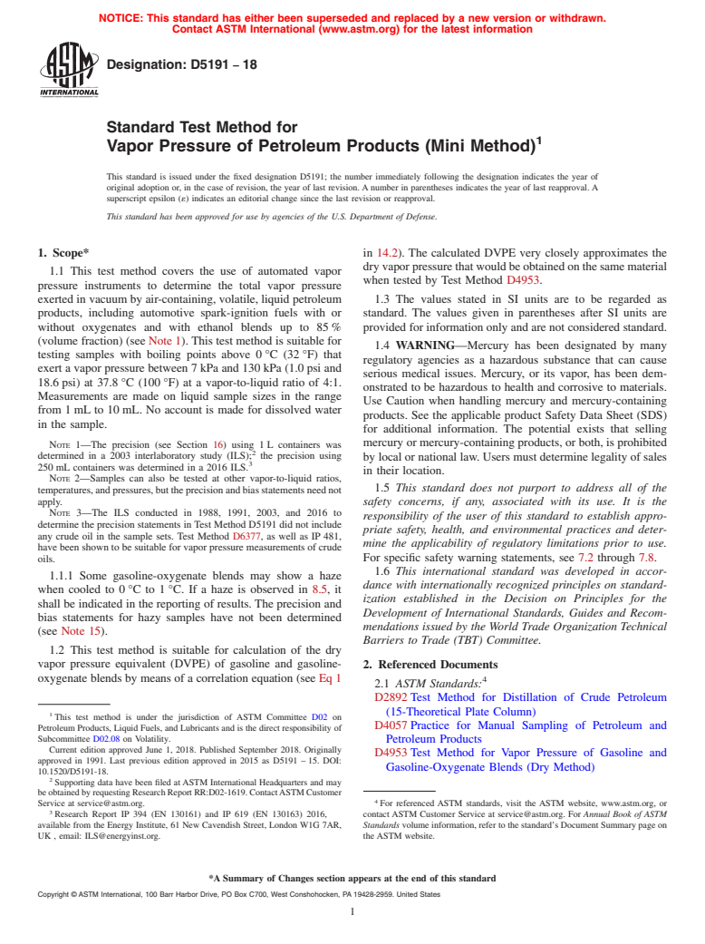 ASTM D5191-18 - Standard Test Method for Vapor Pressure of Petroleum Products (Mini Method)