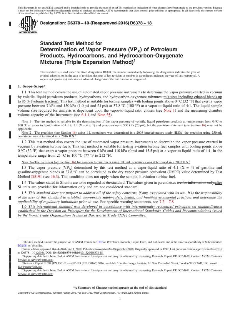 REDLINE ASTM D6378-18 - Standard Test Method for  Determination of Vapor Pressure (VP<inf>X</inf>) of Petroleum   Products, Hydrocarbons, and Hydrocarbon-Oxygenate Mixtures (Triple   Expansion Method)
