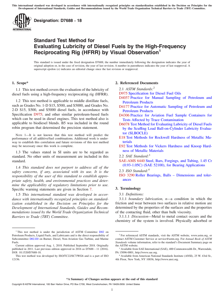 ASTM D7688-18 - Standard Test Method for  Evaluating Lubricity of Diesel Fuels by the High-Frequency  Reciprocating Rig (HFRR) by Visual Observation