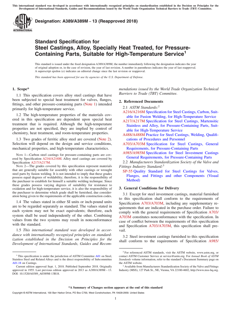 ASTM A389/A389M-13(2018) - Standard Specification for  Steel Castings, Alloy, Specially Heat Treated, for Pressure-Containing  Parts, Suitable for High-Temperature Service