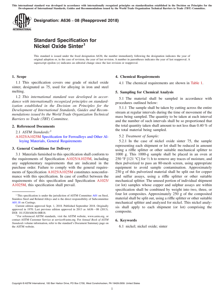 ASTM A636-08(2018) - Standard Specification for  Nickel Oxide Sinter