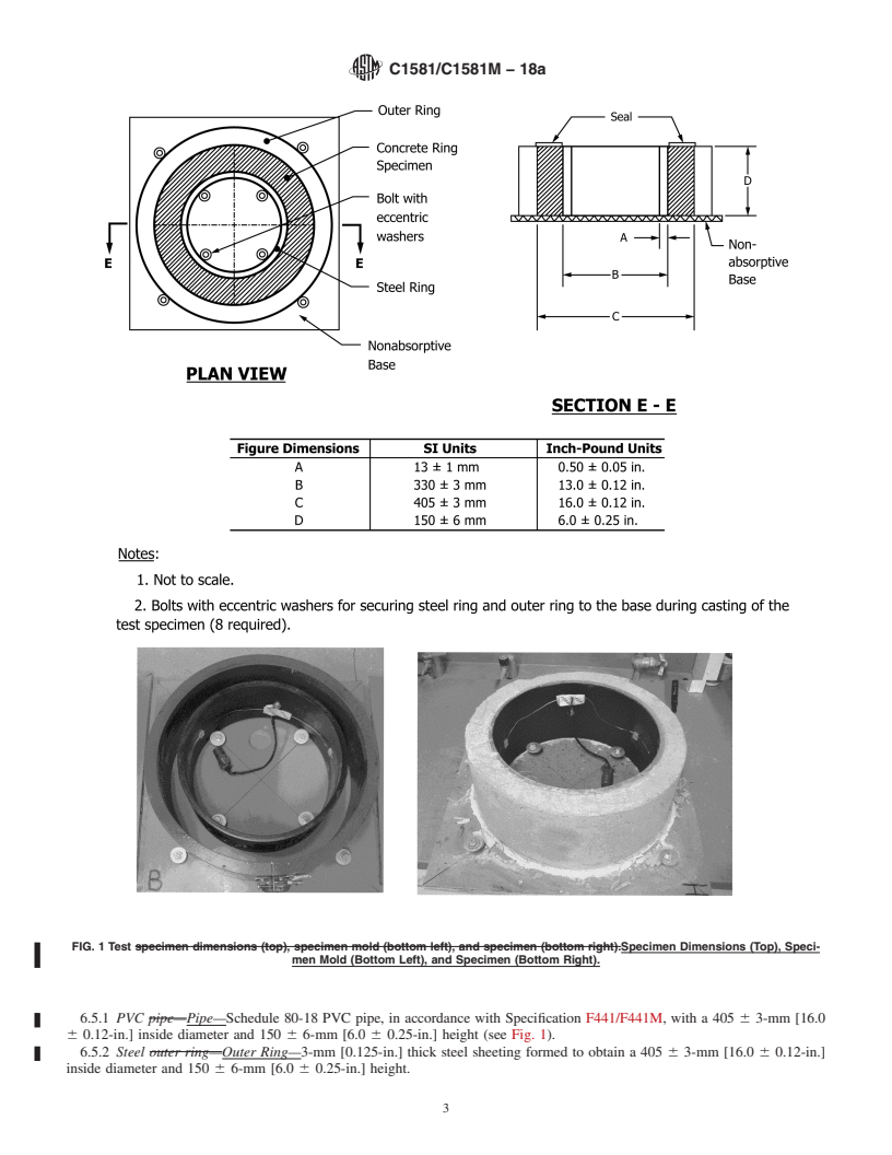 REDLINE ASTM C1581/C1581M-18a - Standard Test Method for  Determining Age at Cracking and Induced Tensile Stress Characteristics  of Mortar and Concrete under Restrained Shrinkage