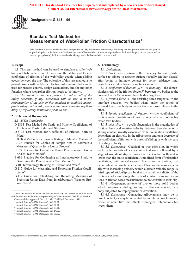 ASTM G143-96 - Standard Test Method for Measurement of Web/Roller Friction Characteristics