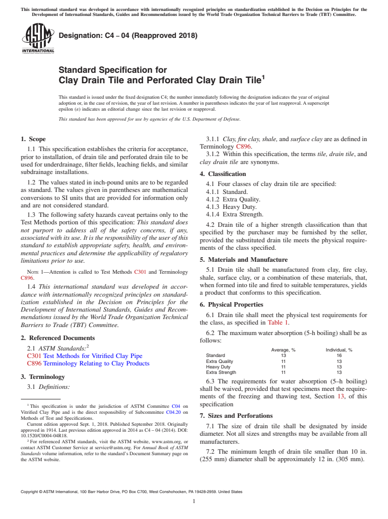 ASTM C4-04(2018) - Standard Specification for  Clay Drain Tile and Perforated Clay Drain Tile