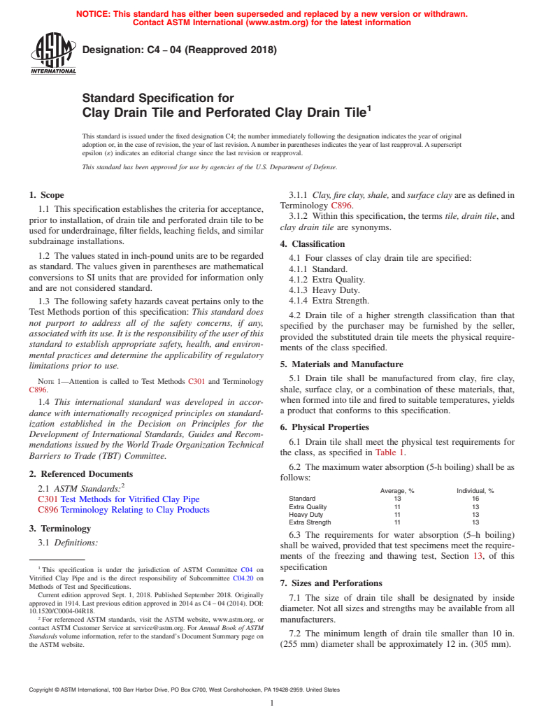 ASTM C4-04(2018) - Standard Specification for  Clay Drain Tile and Perforated Clay Drain Tile