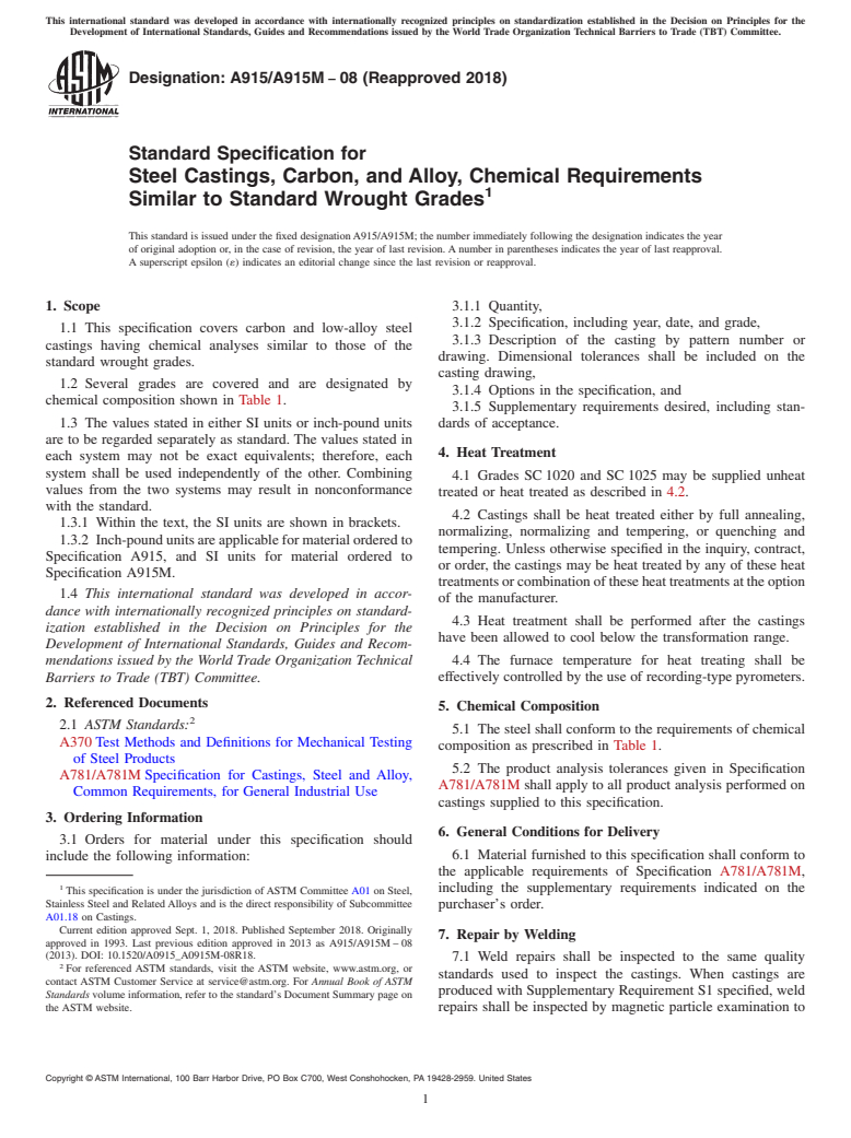 ASTM A915/A915M-08(2018) - Standard Specification for  Steel Castings, Carbon, and Alloy, Chemical Requirements Similar  to Standard Wrought Grades