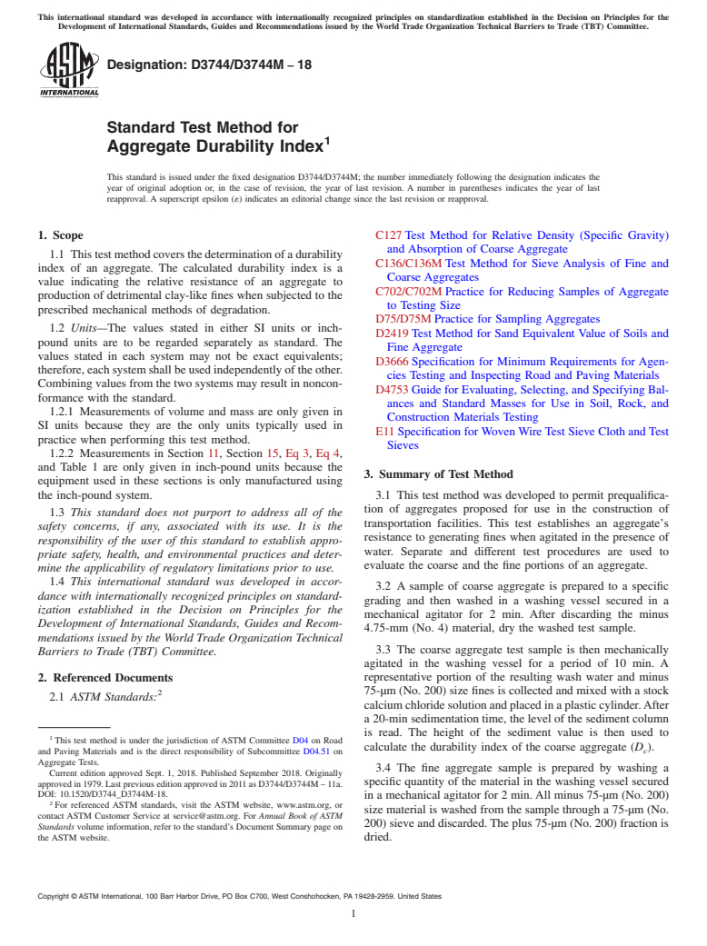 ASTM D3744/D3744M-18 - Standard Test Method for Aggregate Durability Index
