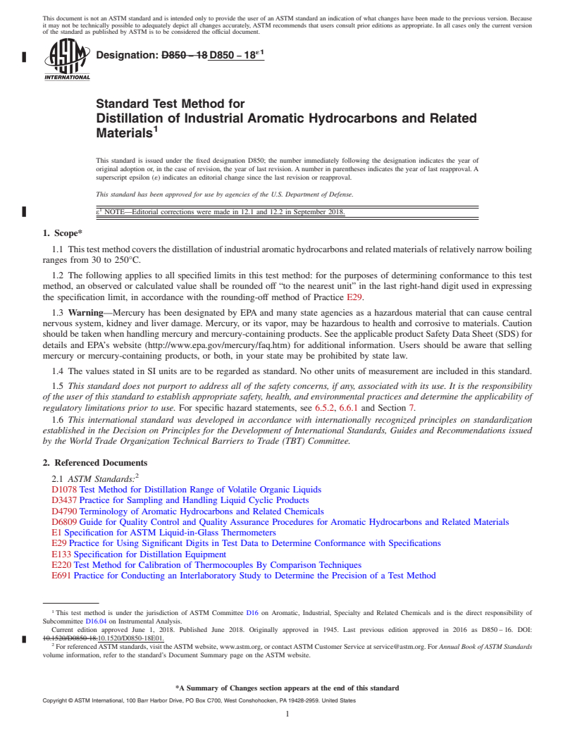 REDLINE ASTM D850-18e1 - Standard Test Method for Distillation of Industrial Aromatic Hydrocarbons and Related   Materials