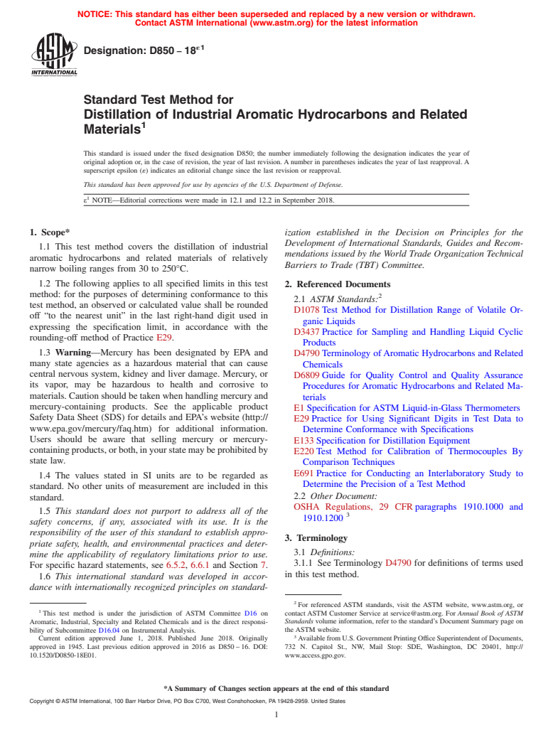 ASTM D850-18e1 - Standard Test Method for Distillation of Industrial Aromatic Hydrocarbons and Related   Materials