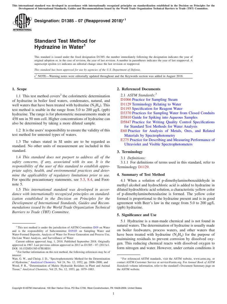 ASTM D1385-07(2018)e1 - Standard Test Method for  Hydrazine in Water