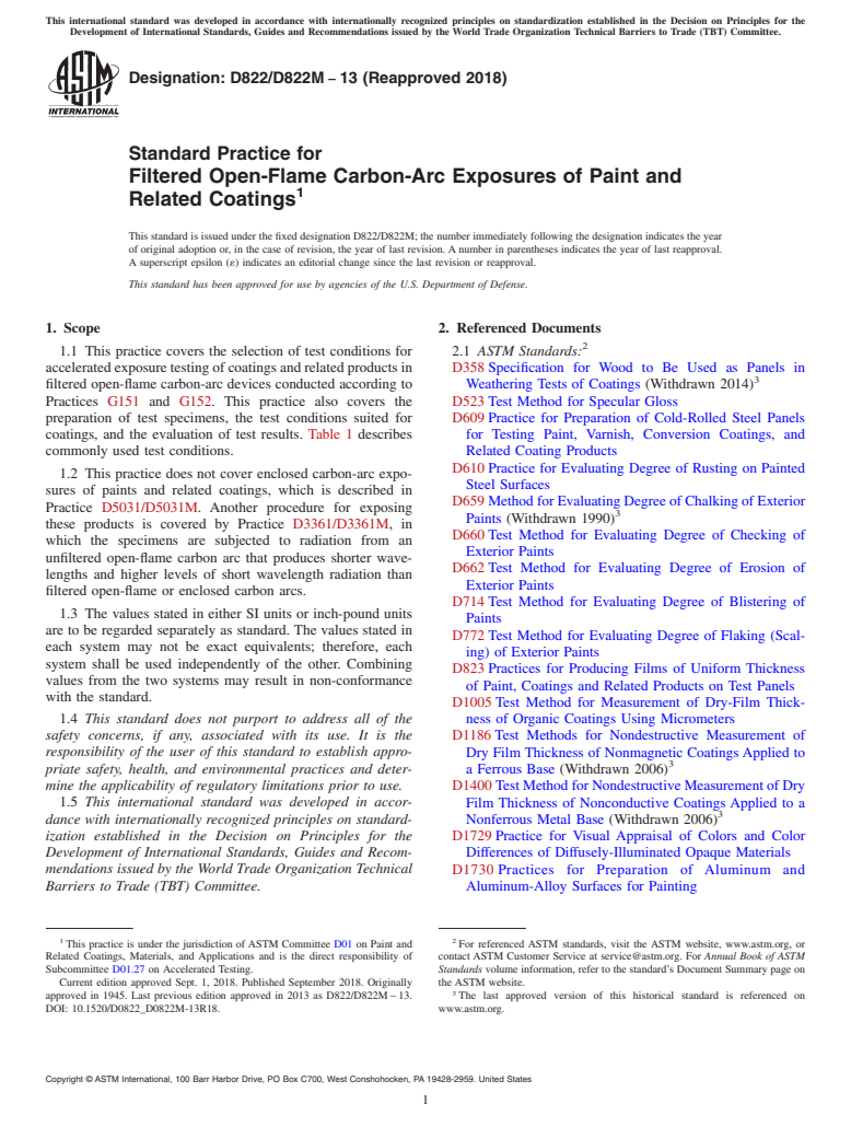 ASTM D822/D822M-13(2018) - Standard Practice for Filtered Open-Flame Carbon-Arc Exposures of Paint and Related   Coatings