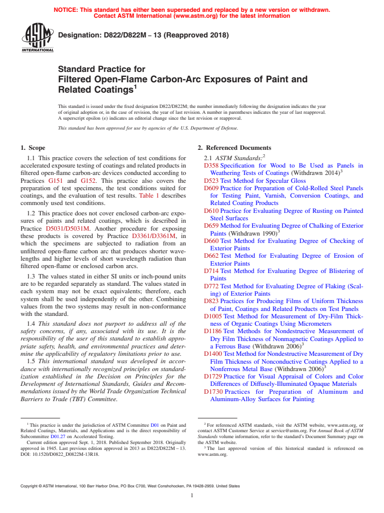 ASTM D822/D822M-13(2018) - Standard Practice for Filtered Open-Flame Carbon-Arc Exposures of Paint and Related   Coatings
