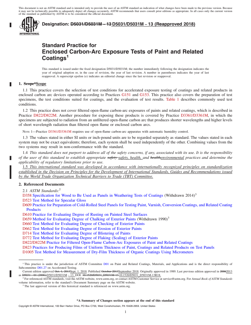 REDLINE ASTM D5031/D5031M-13(2018) - Standard Practice for Enclosed Carbon-Arc Exposure Tests of Paint and Related Coatings