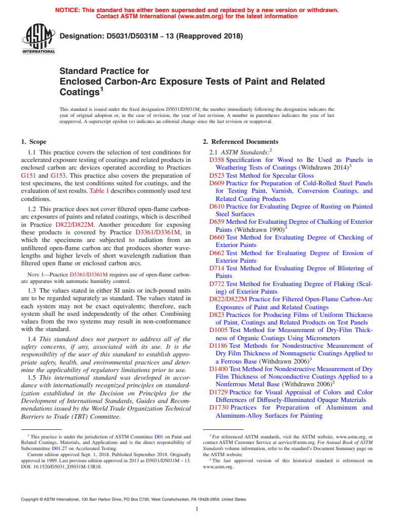 ASTM D5031/D5031M-13(2018) - Standard Practice for Enclosed Carbon-Arc Exposure Tests of Paint and Related Coatings