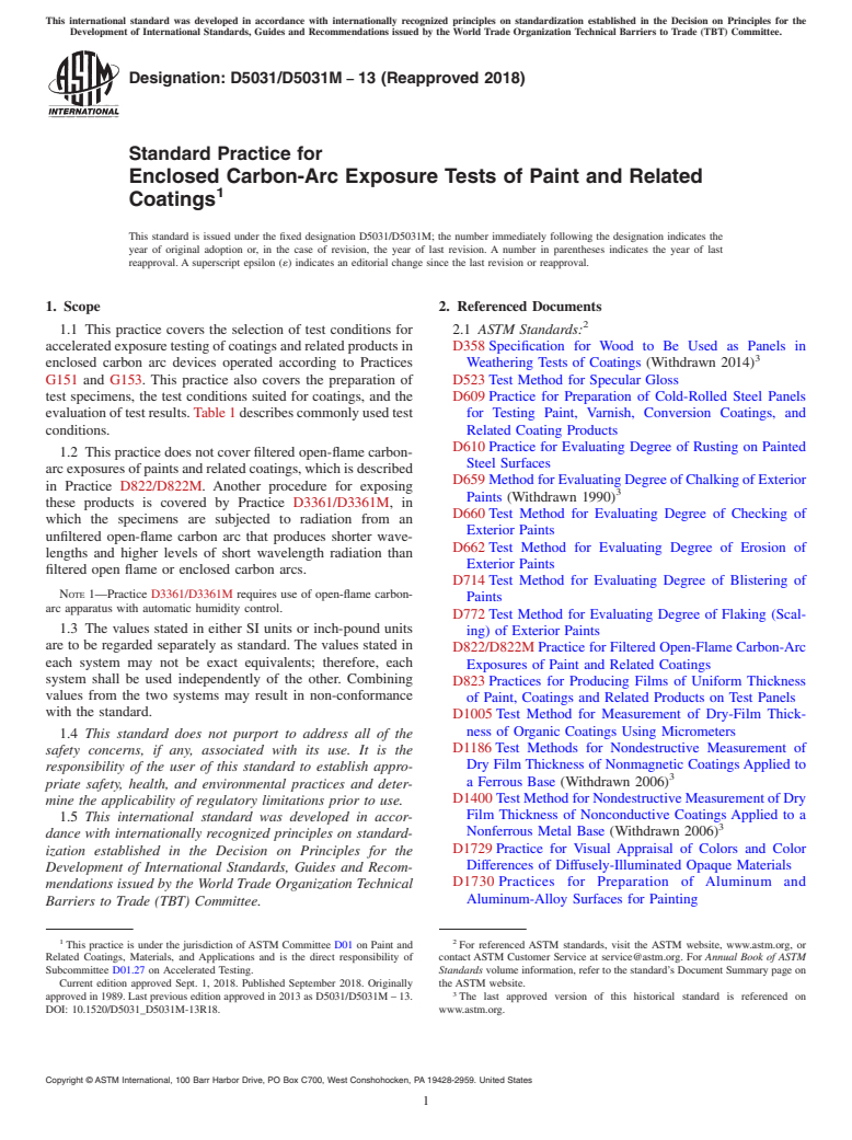 ASTM D5031/D5031M-13(2018) - Standard Practice for Enclosed Carbon-Arc Exposure Tests of Paint and Related Coatings