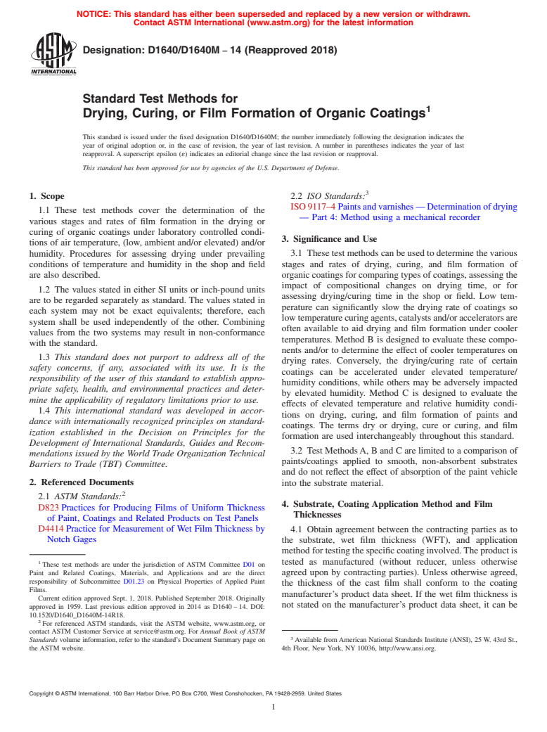 ASTM D1640/D1640M-14(2018) - Standard Test Methods for Drying, Curing, or Film Formation of Organic Coatings