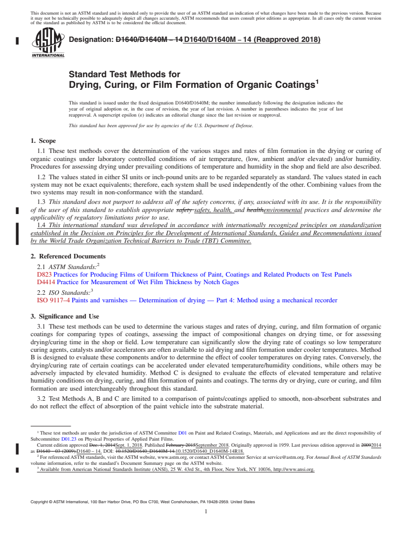 REDLINE ASTM D1640/D1640M-14(2018) - Standard Test Methods for Drying, Curing, or Film Formation of Organic Coatings