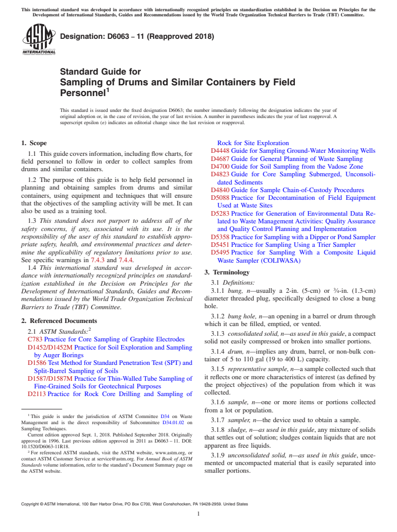 ASTM D6063-11(2018) - Standard Guide for  Sampling of Drums and Similar Containers by Field Personnel