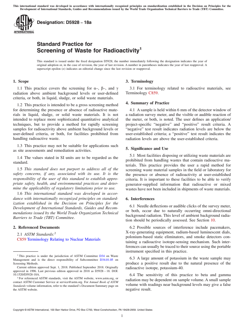 ASTM D5928-18a - Standard Practice for  Screening of Waste for Radioactivity