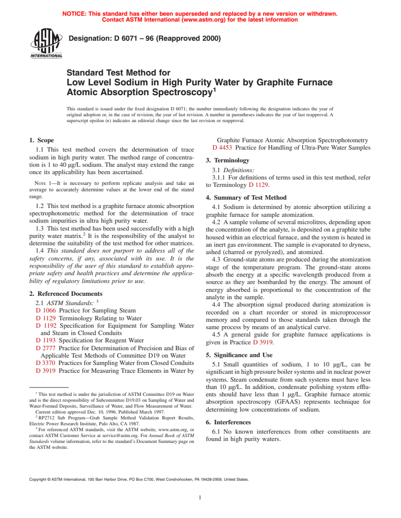 ASTM D6071-96(2000) - Standard Test Method for Low Level Sodium in High Purity Water by Graphite Furnace Atomic Absorption Spectroscopy