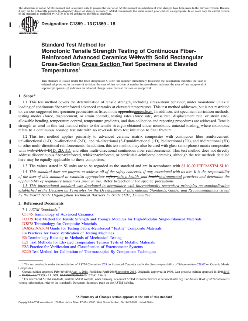 REDLINE ASTM C1359-18 - Standard Test Method for Monotonic Tensile Strength Testing of Continuous Fiber-Reinforced   Advanced Ceramics with Solid Rectangular Cross Section Test Specimens   at Elevated Temperatures