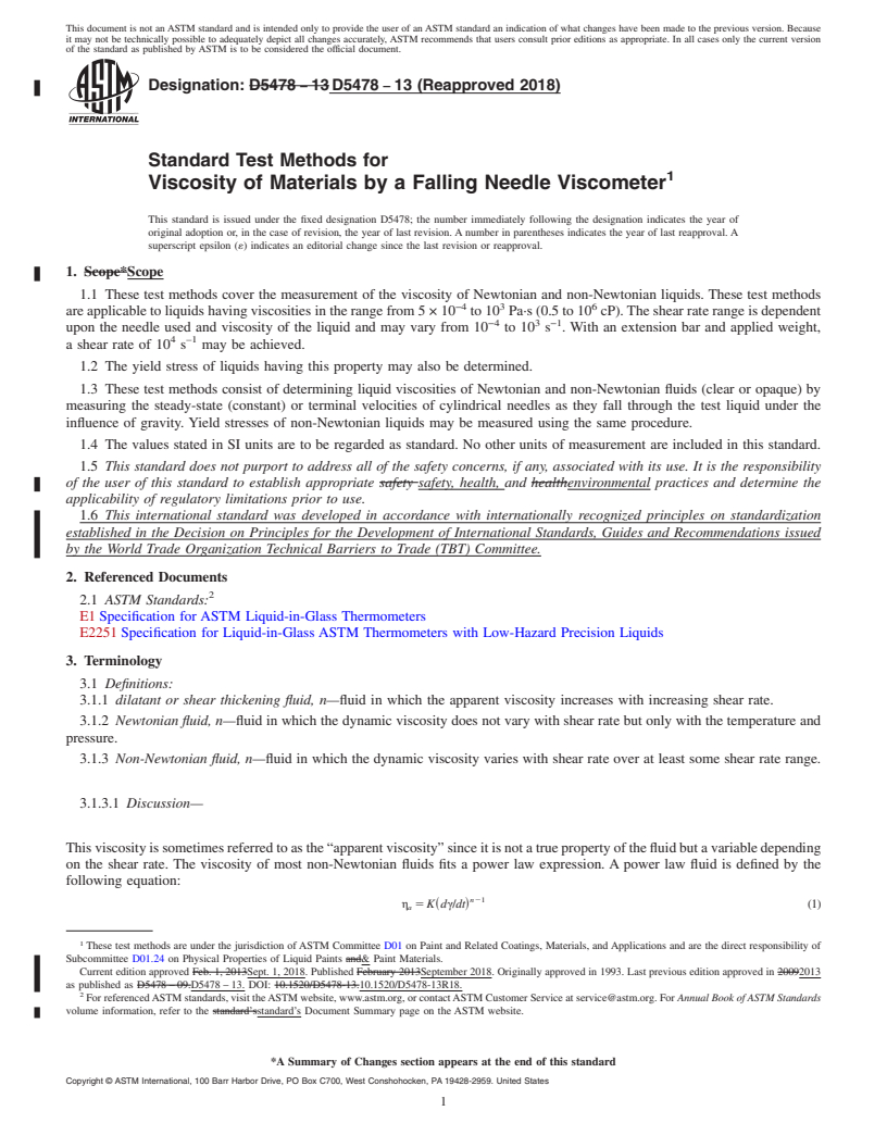 REDLINE ASTM D5478-13(2018) - Standard Test Methods for Viscosity of Materials by a Falling Needle Viscometer