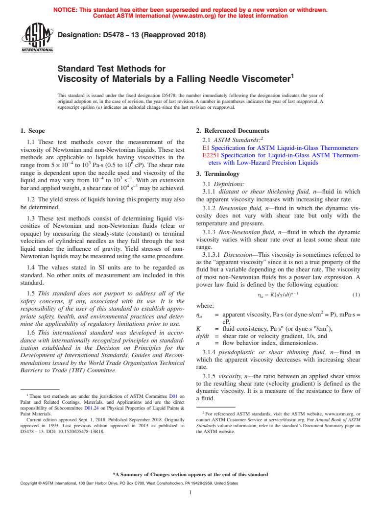 ASTM D5478-13(2018) - Standard Test Methods for Viscosity of Materials by a Falling Needle Viscometer