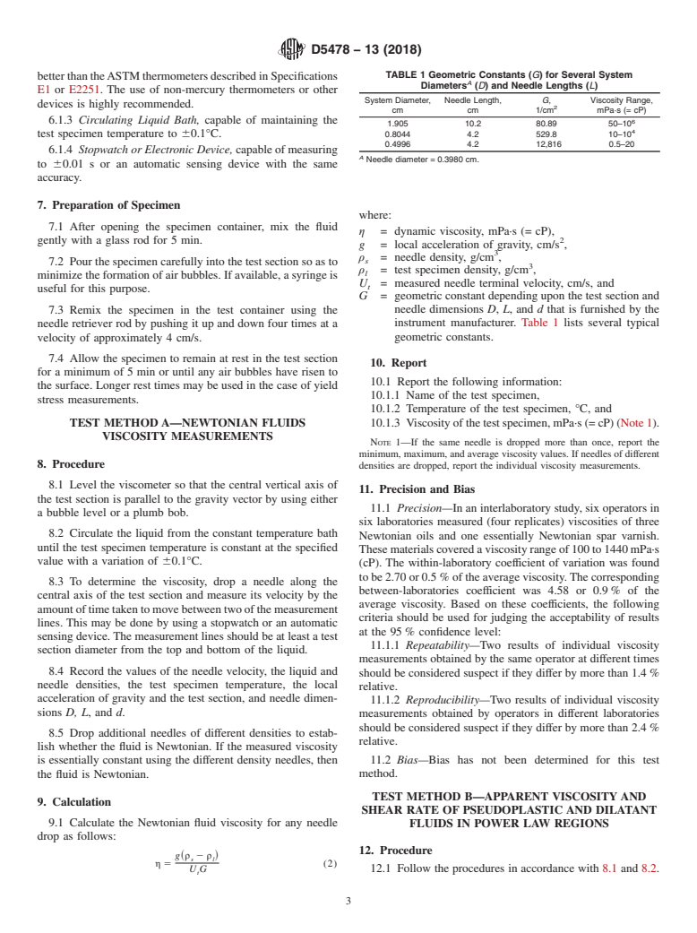 ASTM D5478-13(2018) - Standard Test Methods for Viscosity of Materials by a Falling Needle Viscometer