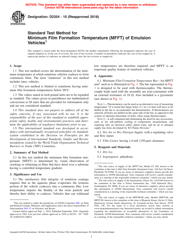 ASTM D2354-10(2018) - Standard Test Method for Minimum Film Formation Temperature (MFFT) of Emulsion Vehicles