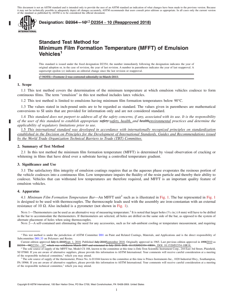 REDLINE ASTM D2354-10(2018) - Standard Test Method for Minimum Film Formation Temperature (MFFT) of Emulsion Vehicles