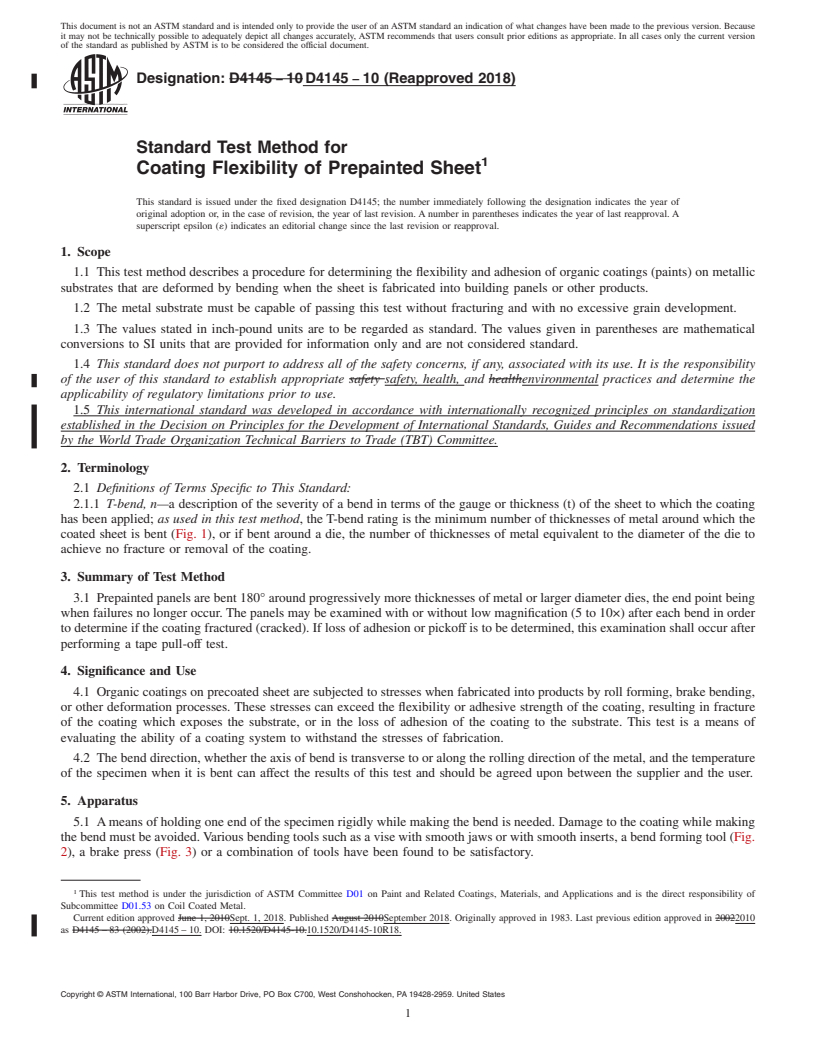 REDLINE ASTM D4145-10(2018) - Standard Test Method for Coating Flexibility of Prepainted Sheet