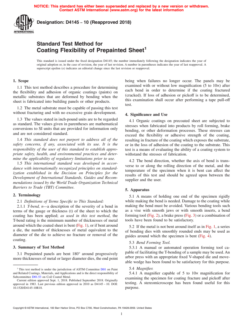 ASTM D4145-10(2018) - Standard Test Method for Coating Flexibility of Prepainted Sheet