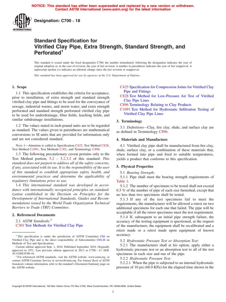 ASTM C700-18 - Standard Specification for Vitrified Clay Pipe, Extra Strength, Standard Strength, and  Perforated