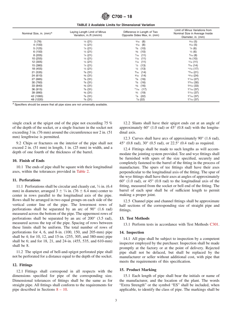 ASTM C700-18 - Standard Specification for Vitrified Clay Pipe, Extra Strength, Standard Strength, and  Perforated