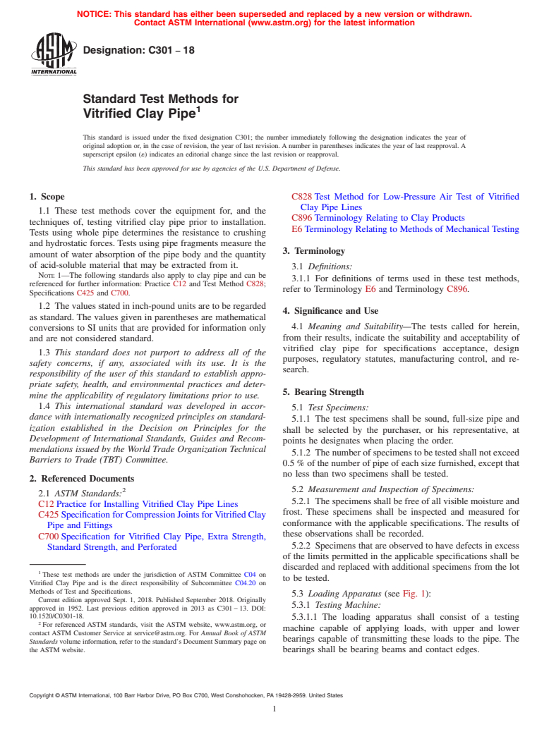 ASTM C301-18 - Standard Test Methods for  Vitrified Clay Pipe