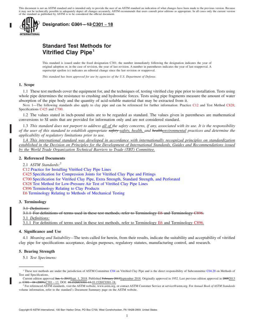 REDLINE ASTM C301-18 - Standard Test Methods for  Vitrified Clay Pipe