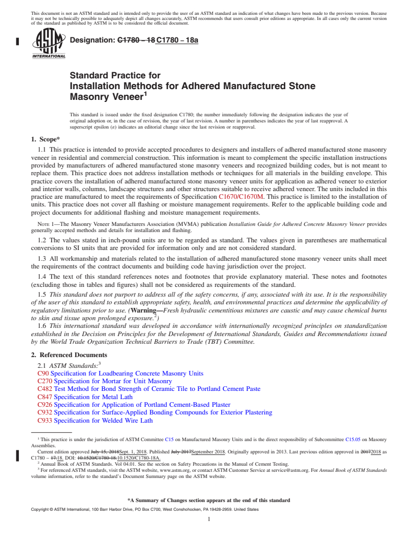 REDLINE ASTM C1780-18a - Standard Practice for Installation Methods for Adhered Manufactured Stone Masonry  Veneer