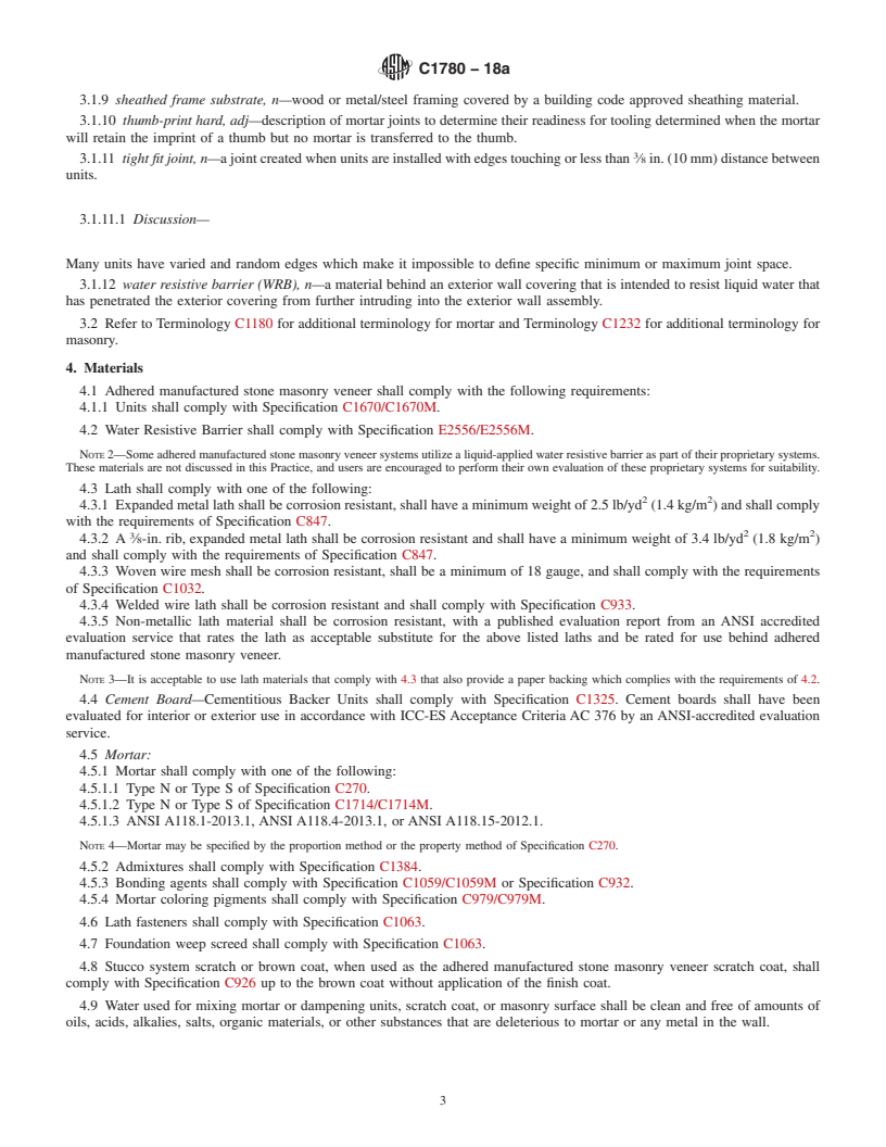 REDLINE ASTM C1780-18a - Standard Practice for Installation Methods for Adhered Manufactured Stone Masonry  Veneer